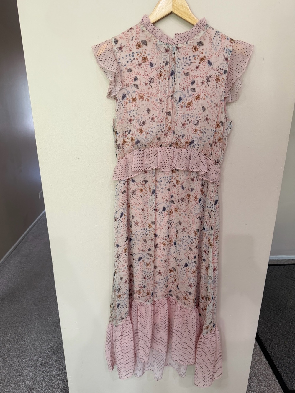 Ellison Pink Floral Polka Dot Mixed Print Ruffle Tiered Midi Dress Size M Flowy